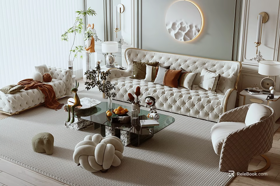 Elegant Tufted Sofa And Glass Coffee Table With Cushions Plants Round Mirror On Rug 3d model 