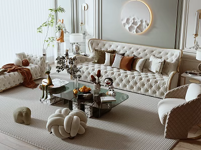 Elegant Tufted Sofa And Glass Coffee Table With Cushions Plants Round Mirror On Rug 3d model