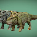Realistic Triceratops Dinosaur Models With Green And Gray Textures On Light Green Background