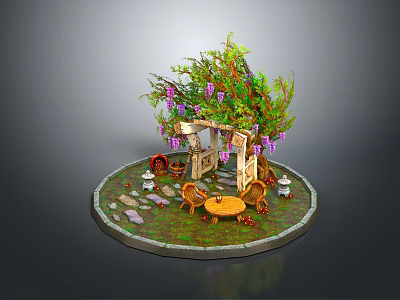 Cartoon Scene With Vine Covered Archway Purple Flowers Table Chairs And Little Figures On Round Platform 3d model