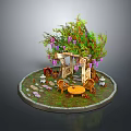Cartoon Scene With Vine Covered Archway Purple Flowers Table Chairs And Little Figures On Round Platform