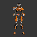 Orange And White Futuristic Robot With Mechanical Armor In Standing Pose On Reflective Floor 3d model
