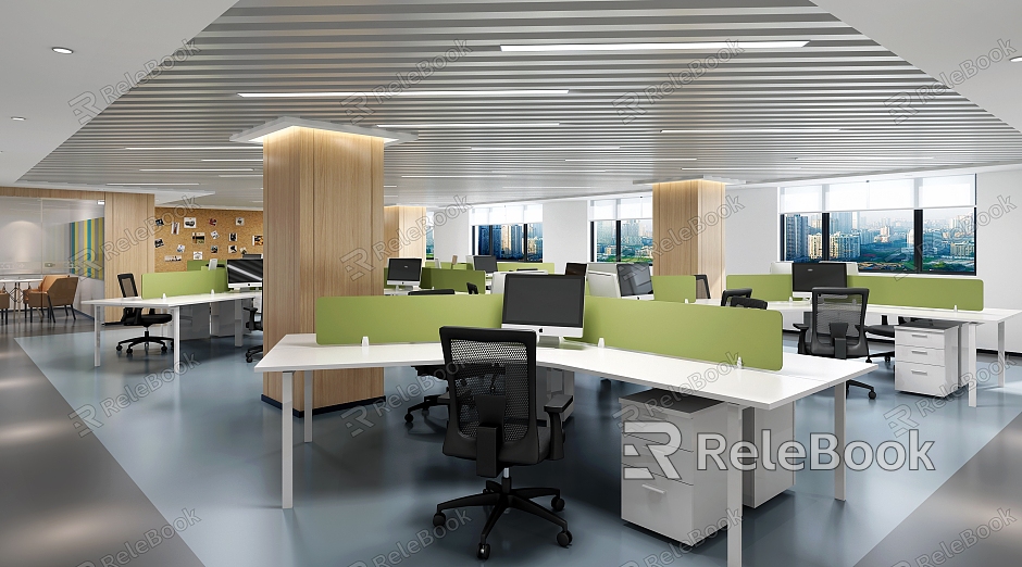 Office desks and chairs in public open office area model