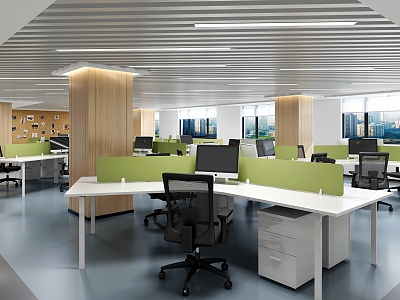 Office desks and chairs in public open office area model