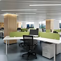 Office desks and chairs in public open office area 3d model