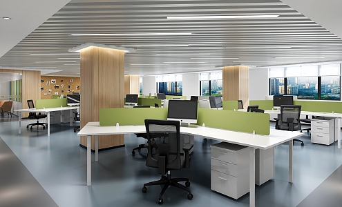 Office desks and chairs in public open office area 3d model