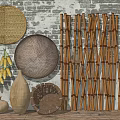 Bamboo Screen Wicker Plates And Ceramic Vases For Garden Decor With Dried Chili Corn