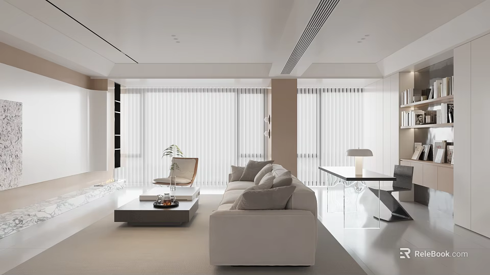 Modern Living Room With Beige Sofa Coffee Table Floor to Ceiling Windows And Blinds 3d model 