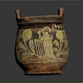 Hand Carved Clay Sculpture Pot With Two Handles And Colorful Patterns
