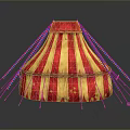 Vibrant Red And Yellow Striped Circus Tent With Star Patterns And Support Poles