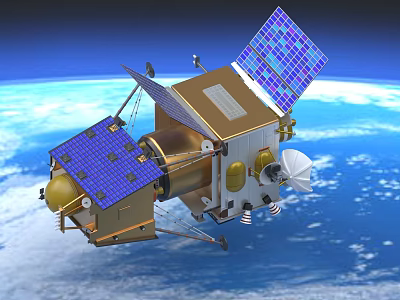 Space Satellite With Blue Solar Panels And Antenna Orbiting Earth In Outer Space 3d model