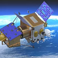 Space Satellite With Blue Solar Panels And Antenna Orbiting Earth In Outer Space