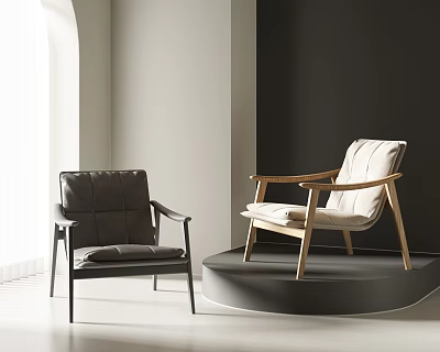Two Lounge Chairs In Minimalist Interior With Natural Light Leather Fabric Upholstery Wooden Armrests 3d model