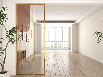 Living Room With Golden Geometric Partition Wooden Flooring Large Windows And Green Plants 3d model