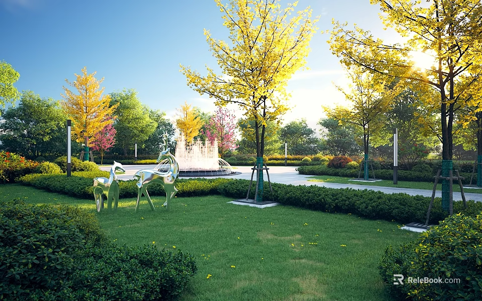 Lush Shrubs in Sunny Park with Green Lawn Yellow Leaf Trees Fountain and Deer Sculptures 3d model 