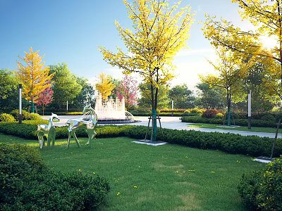 Lush Shrubs in Sunny Park with Green Lawn Yellow Leaf Trees Fountain and Deer Sculptures 3d model
