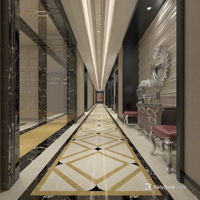 Luxurious Hotel Corridor Featuring Geometric Floor Marble Walls Decorative Mirror And Red Chairs 3d model 