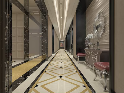 Luxurious Hotel Corridor Featuring Geometric Floor Marble Walls Decorative Mirror And Red Chairs 3d model