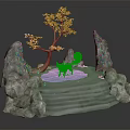 White Fox By Blue Pond With Pink Cherry Blossom Tree Stone Rockery And Green Vines