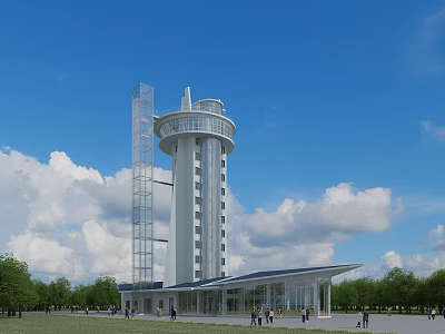 Modern Museum Building With Tower Structure Glass Facade Green Lawns Trees And Blue Sky 3d model