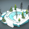 Cartoon Winter Scene With Snowy Landscape Frozen Lake Pine Trees And Ice Rocks