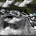Aerial Planning of Cliffside White Buildings with Blue Domes Green Areas Plazas and Clouds Surrounding
