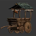 Traditional Wooden Hand Cart With Turquoise Tiled Roof Hanging Gourd And Wooden Wheels