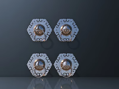 Shiny Metal Hexagonal Cabinet Handles With Decorative Patterns Set Of Four 3d model