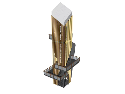 Modern Tower Architectural Design With Wooden Facade Glass Balconies And Unique Geometric Structure 3d model