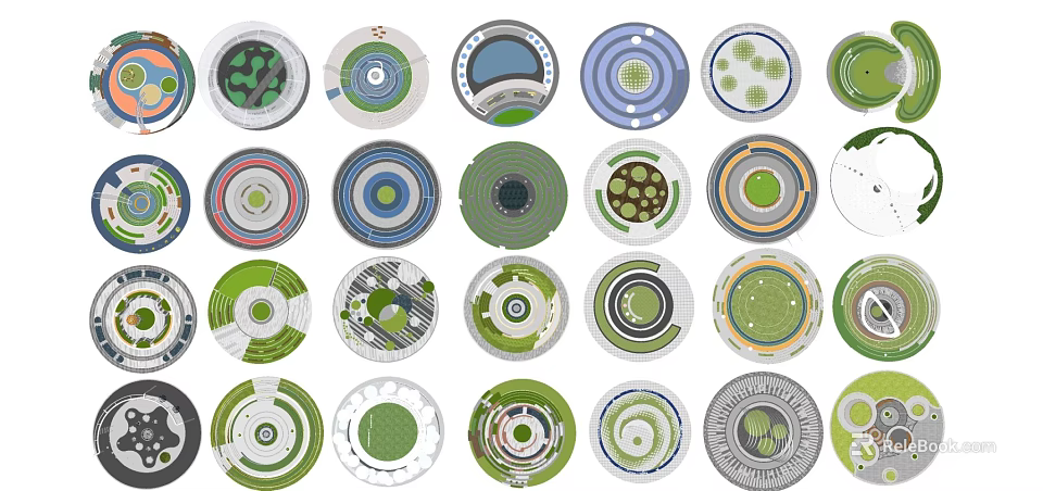 Circular Park Landscape Designs with Multiple Layouts Green Areas Pathways and Facilities 3d model