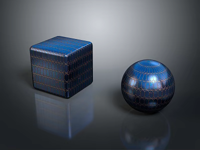 Dark Blue Cube and Sphere with Crocodile Skin Texture on Black Smooth Surface with Reflections 3d model