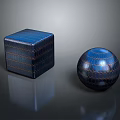 Dark Blue Cube and Sphere with Crocodile Skin Texture on Black Smooth Surface with Reflections 3d model