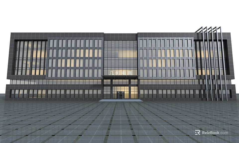 Modern Office Building With Glass Curtain Walls Symmetrical Design Illuminated Entrance And Bright Interior 3d model 