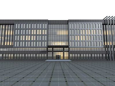 Modern Office Building With Glass Curtain Walls Symmetrical Design Illuminated Entrance And Bright Interior 3d model