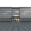 Modern Office Building With Glass Curtain Walls Symmetrical Design Illuminated Entrance And Bright Interior