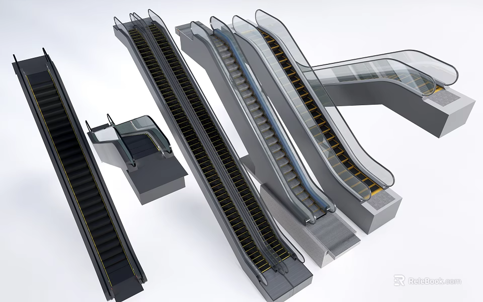 Modern Escalators Display in Different Angles with Metal Frames and Glass Handrails 3d model 