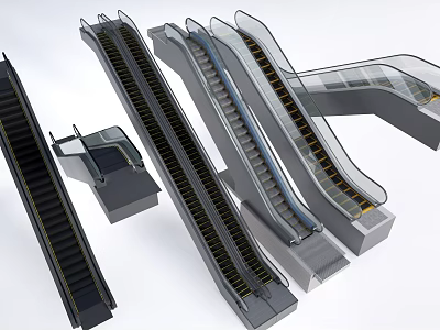 Modern Escalators Display in Different Angles with Metal Frames and Glass Handrails 3d model