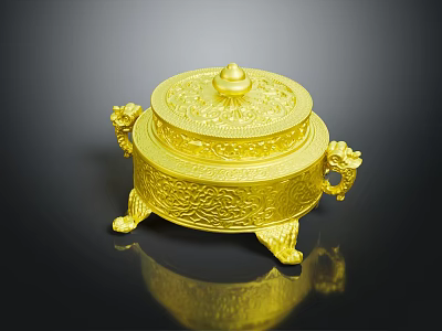 Ornate Golden Decorative Ornament Set With Intricate Carvings Animal Handles And Reflective Base 3d model