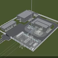 Industrial Factory Layout With Multiple Buildings Roads Power Transmission Towers Parking Area And Green Lawn