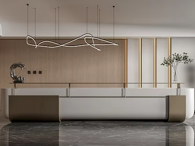 Modern Reception Desk Interior With Wooden Backdrop Metal Strips Marble Countertop And Hanging Lights 3d model
