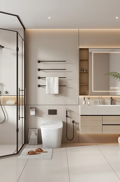 Modern Bathroom Interior Design With Glass Shower Vanity Mirror Towel Rack And Potted Plant 3d model