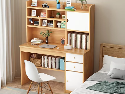 Wooden Home Desk With Bookshelf Photos Plants Drawers And White Chair 3d model