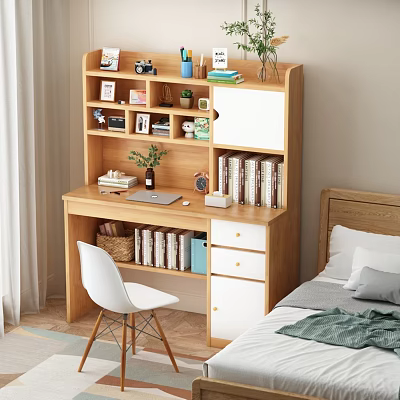 Wooden Home Desk With Bookshelf Photos Plants Drawers And White Chair 3d model