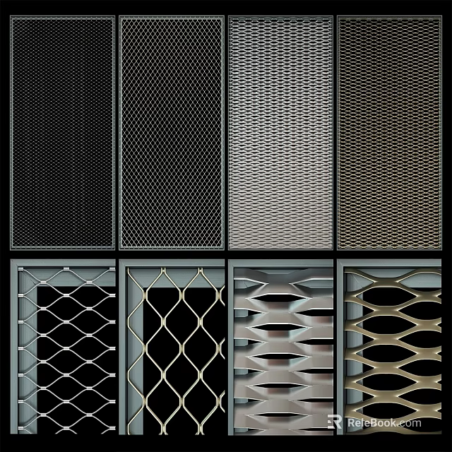 Ornamental Decor Set Featuring Various Metal Mesh Patterns in Black Silver and Gold 3d model