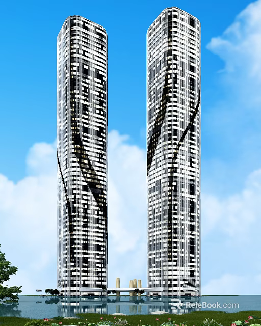 Modern Office Buildings With Tall Twisted Design Glass Curtain Walls Against Blue Sky White Clouds 3d model 