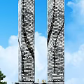 Modern Office Buildings With Tall Twisted Design Glass Curtain Walls Against Blue Sky White Clouds