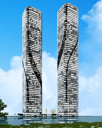 Modern Office Buildings With Tall Twisted Design Glass Curtain Walls Against Blue Sky White Clouds 3d model