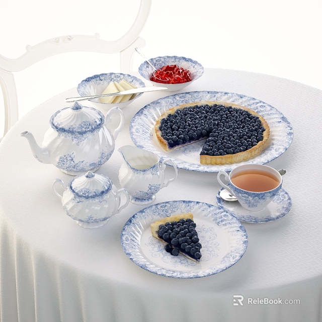Blue and White Patterned Dinnerware Set with Teapot Teacup Plates and Blueberry Tart Jam Butter 3d model 