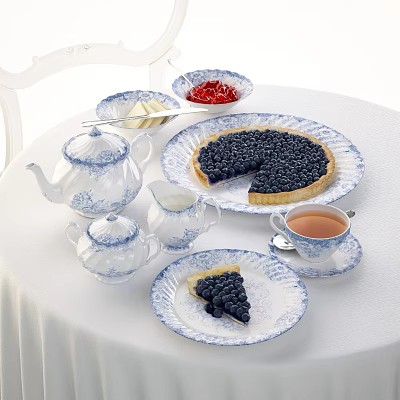 Blue and White Patterned Dinnerware Set with Teapot Teacup Plates and Blueberry Tart Jam Butter 3d model