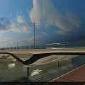 Concrete Bridge Over River With Street Lamps Pedestrian Walkway And Blue Sky White Clouds